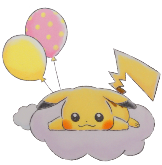 pikachu with balloons laying on a cloud