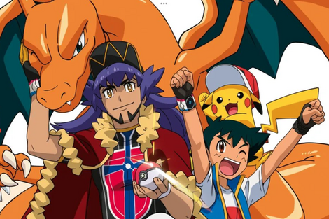 Charizard, Leon, Ash, and Pikachu