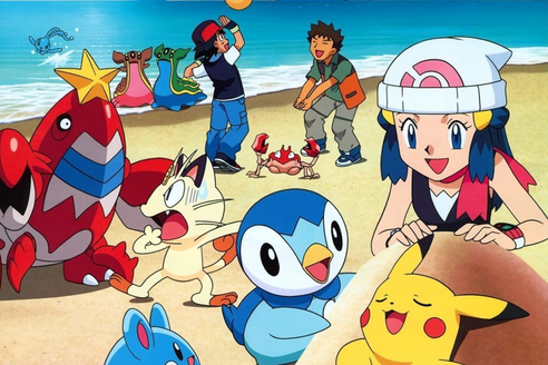 Ash, Brock, and Dawn playing with Pokemon on the beach